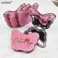 Miroir double face papillon rose vif de marque privée miroirs portables personnalisés miroir pliant en métal en cuir PU de maquillage