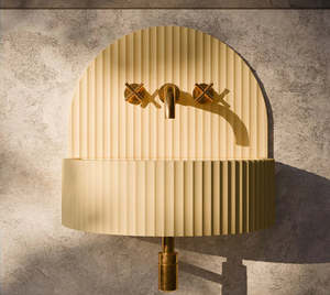 2025 nuovissimo Design di lusso europa appeso a parete <span class=keywords><strong>bagno</strong></span> scanalato in pietra artificiale Lavabo Lavabo con 3 fori per rubinetto - Product Image 3