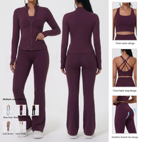 Ensemble de yoga 3 pièces uni pour femme : veste zippée à manches longues + soutien-gorge de sport + leggings évasés taille haute, coupe ajustée, extensible dans quatre directions