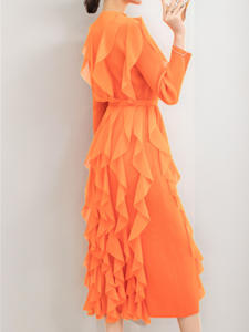 เดรสของผู้หญิงมีจีบแขนยาวคอกลมเดรสแฟชั่นดีไซน์ไม่เหมือนใคร - Product Image 4