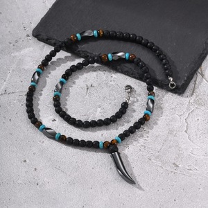 Collier pendentif vintage hip-hop en acier inoxydable naturel avec pierre volcanique et œil de <span class=keywords><strong>tigre</strong></span> en forme de <span class=keywords><strong>dent</strong></span> de loup pour homme - Product Image 2