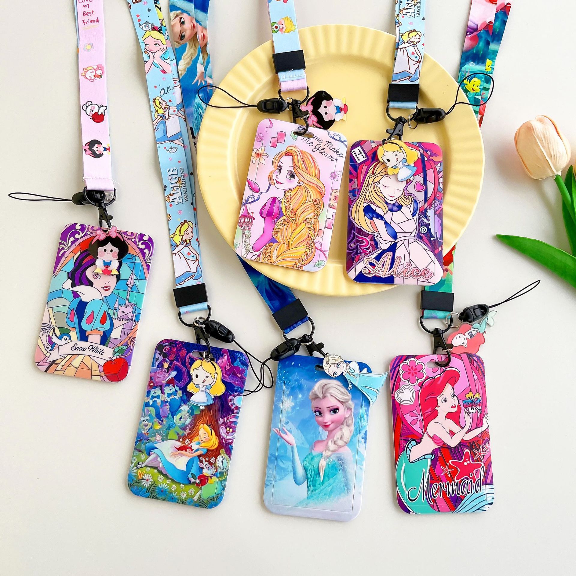 Lovely Cartoon Princess Snow White Ariel Student Name Bank ID Badge Card Case Phone Neck Hanging Lanyards Card Holder Wholesale