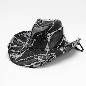 Chapeau <span class=keywords><strong>de</strong></span> cowboy vintage américain délavé à bords effilochés, chapeau en denim unisexe à large bord avec décoration en pompon pour le style <span class=keywords><strong>de</strong></span> rue en plein air - Product Image 6