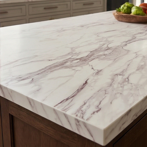 Planche de pierre artificielle en quartz poli Calacatta Purple imprimé pour projet d'îlot de cuisine préfabriqué - Product Image 1