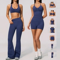 Ensemble de 7 pièces de tenue de yoga en Spandex sans couture, avec haut licou à col en V, effet froncé aux fesses et pantalon évasé, pour l'entraînement, la gym, le fitness et les activités sportives, personnalisable ODM OEM