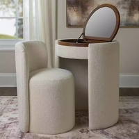 Ensemble coiffeuse moderne en bouclette crème avec miroir rabattable, tabouret et armoire pour chambre à coucher