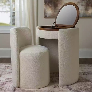 Modern Cream Boucle Vanity <b>Table</b> Set Flip Top Mirror Makeup Desk with Stool Cabinet for Bedroom Furniture - Product Image 4