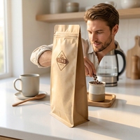 Pochette à fond carré biodégradable personnalisée, pochette autoportante en papier kraft 100g-500g, réutilisable pour grains de café, thermoscellable, refermable avec fermeture éclair