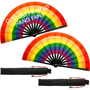 schwarz groß 33 cm individuelles Logo Druck Polyester Satin Bambus Handventilator Regenbogen Gay Pride personalisierter Handventilator