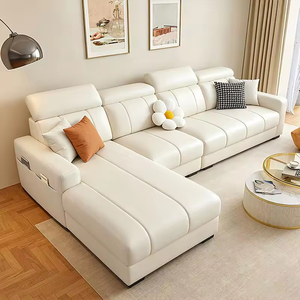 Canapé en L simple et abordable, moderne, en cuir souple avec coin lounge, canapé minimaliste pour salon, vente chaude, canapé crème - Product Image 1