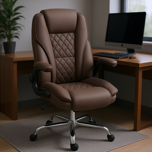 Silla de Escritorio Ejecutiva, Cuero PU Marrón, Costuras de Diamante, Reposabrazos Ajustables, Silla Giratoria de Oficina para Uso Doméstico - Product Image 2
