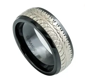 8毫米圆顶黑色陶瓷w雕刻重叠半圆设计钛镶嵌结婚戒指定制陶瓷钛戒指