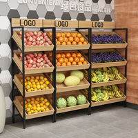 Robuuste houten en metalen groente- en fruitpresentatiestand voor supermarkten