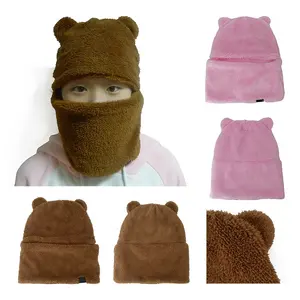 Topi balaclava berbulu anak-anak desain baru dengan telinga beruang masker ski wajah bulu palsu kustom topi musim dingin satu lubang untuk anak-anak tahan angin