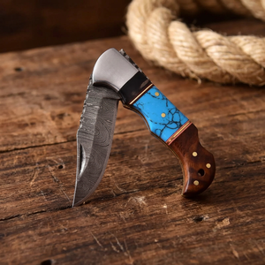 Cuchillo de Combate de Acero de Damasco con Punta Caída, Mango Azul, Empuñadura de Madera, Borde Recto, OEM/ODM, 6.5 Pulgadas de Longitud Total - Product Image 3