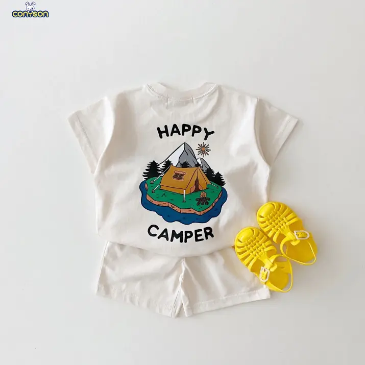 Set estivo Conyson corea da bambino con stampa su due lati Camper t-shirt top + pantaloncini di cotone completo sportivo per bambini abiti da ragazza