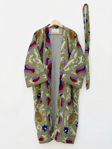 Embroidered Floral Kimono Robe Set <b>Women</b> Long Sleeve V-neck Open Front Lounge <b>Coat</b> and Pants Wholesale Suzani Cotton Robe - Product Image 5