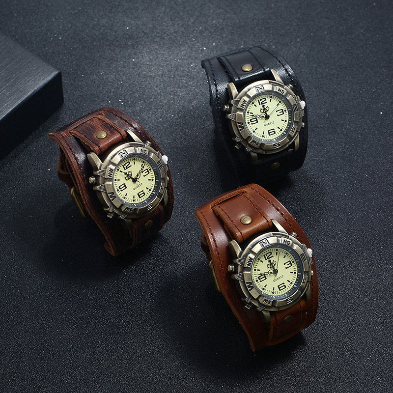 Cross-border Punk Retro Leather Watch Bracelet for Men & Women