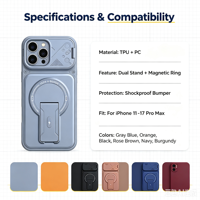Coques de téléphone portable de luxe antichoc en TPU+PC avec double béquille pour IP17 Pro Max, protection coulissante de l'objectif, finition mate, tons neutres