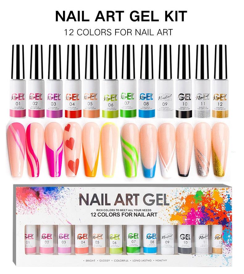 12Colors Painting Line UV Gel Polish Set Private Label OEM Nail Box Kit Gel 3D Nail Art Liner Designs Gel Painting