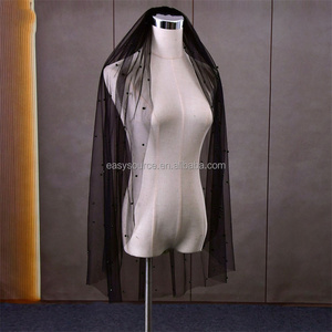 Velo de Novia YM24 de 1 Nivel, <span class=keywords><strong>Mantilla</strong></span> Negra <span class=keywords><strong>con</strong></span> Perlas y Encaje, Tul Transparente, Borde de Cuentas Hecho a Mano, Accesorios para el Cabello - Product Image 2
