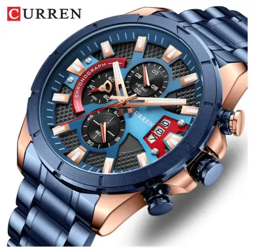 CURREN8401男性用の新しいファッション腕時計カジュアルルミナスブラックウォッチグリーンフェイスステンレススチールバンドクロノグラフ時計