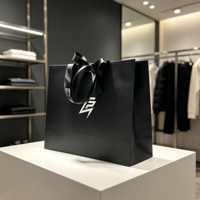 Sac cadeau de luxe noir personnalisé avec ruban en satin et logo imprimé, sac fourre-tout en papier pour boutique de vêtements, emballage de vente au détail