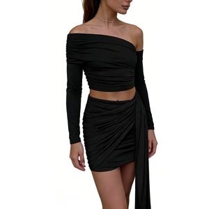 Women's One-Shoulder Ruched <b>Split</b>-Hem 2-Piece Set - Long-Sleeve Bodycon Party Co-ord Fashion - Product Image 3