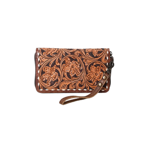 Unisex Brown Floral Designer Clutch <b>Bag</b> Hand Tooled <b>Soft</b> <b>Leather</b> Custom Logo Portable Chains Fashion Zipper Summer - Product Image 1