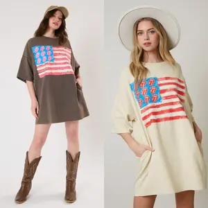 Kaus wanita lengan pendek, baju kasual longgar, Kaus panjang, lengan pendek, kaus Juli, motif bintang Amerika, Kaus wanita