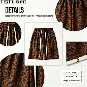 Custom Leopard Print Shorts Heavyweight Cotton Twill Drawstring Waist Streetwear Baggy Bermuda Shorts Wholesale - Product Image 6