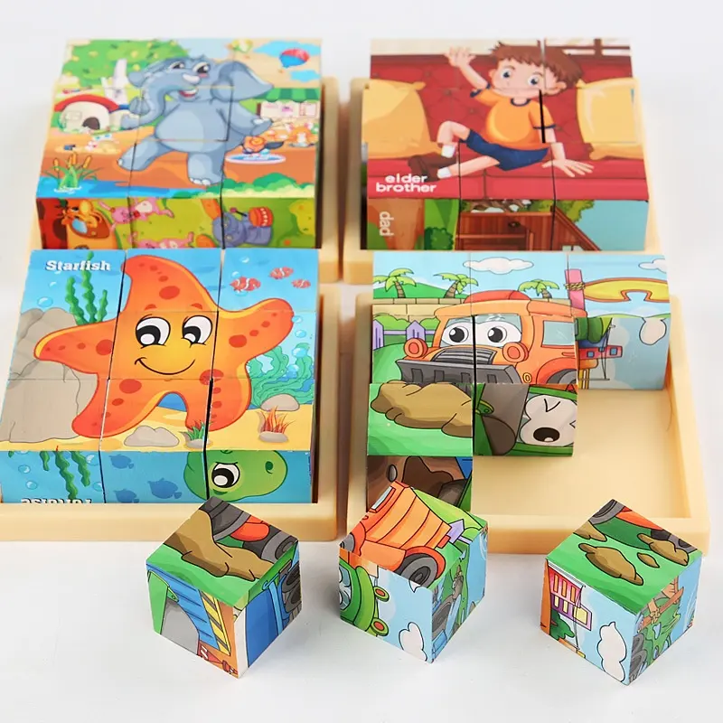 木製パズルキューブブロックキッズおもちゃ子供のための9つの6面ソリッドパズル木製モンテッソーリゲーム新しいベビーウッドパズル