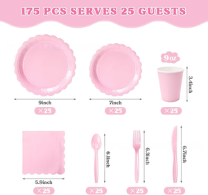 Ensemble de vaisselle jetable rose clair festonné - 175 pièces - Articles de fête avec assiettes, gobelets, serviettes et couverts - Product Image 2