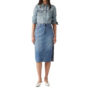 Jupes longues en jean personnalisées pour femmes, en coton de haute qualité, bleu vintage classique, fendues, taille haute, jupe longue pour femmes - Product Image 1