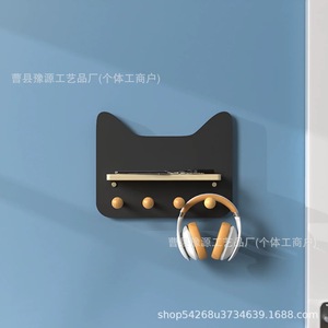 Wooden Cat Shaped Wall <b>Shelf</b> With <b>Hooks</b> For Home Entryway Storage Organization - Product Image 5