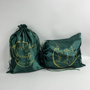 Custom Emerald Green Satin <b>Drawstring</b> Bags with Gold Print - Hair Extension <b>Pouches</b> Microfiber Jewelry <b>Pouch</b> - Product Image 4