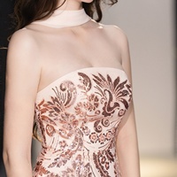 Robe de soirée sirène sur mesure en sequins or rose pêche, sans bretelles, à franges, longueur ras du sol, vente en gros