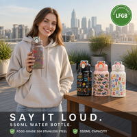 Bouteille d'eau isotherme 550 ml en acier inoxydable 304 à double paroi avec couvercle large à clapet, bouton-poussoir et sangle en silicone – 2 motifs imprimés pour la famille et l'école