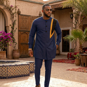 Traje Dashiki Estilo <span class=keywords><strong>Africano</strong></span> <span class=keywords><strong>para</strong></span> Hombre, Conjunto de 2 Piezas, Camisa de Manga Larga con Cuello Mandarín y Pantalones con Bordado Dorado <span class=keywords><strong>para</strong></span> Fiesta o Boda - Product Image 5