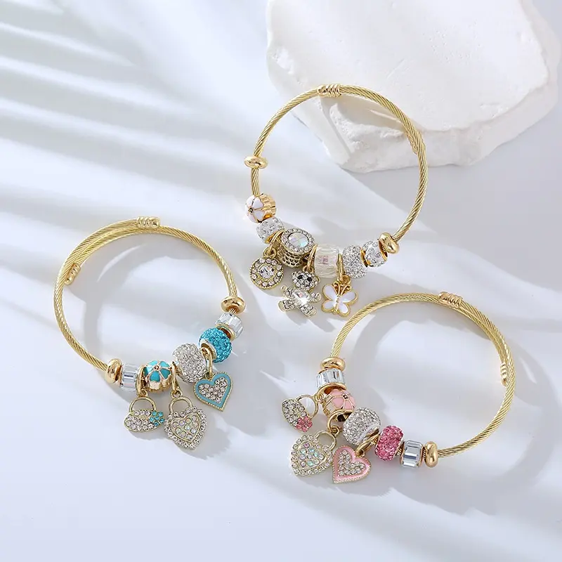 High quality Titanium Steel colorful heart charm bracelet crystal Bear Adjustable open bangle Bracelet for women