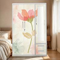 Armoire métallique moderne imprimée à 3 portes avec portes en verre et miroir, meuble pliable pour chambre et salon avec tiroirs