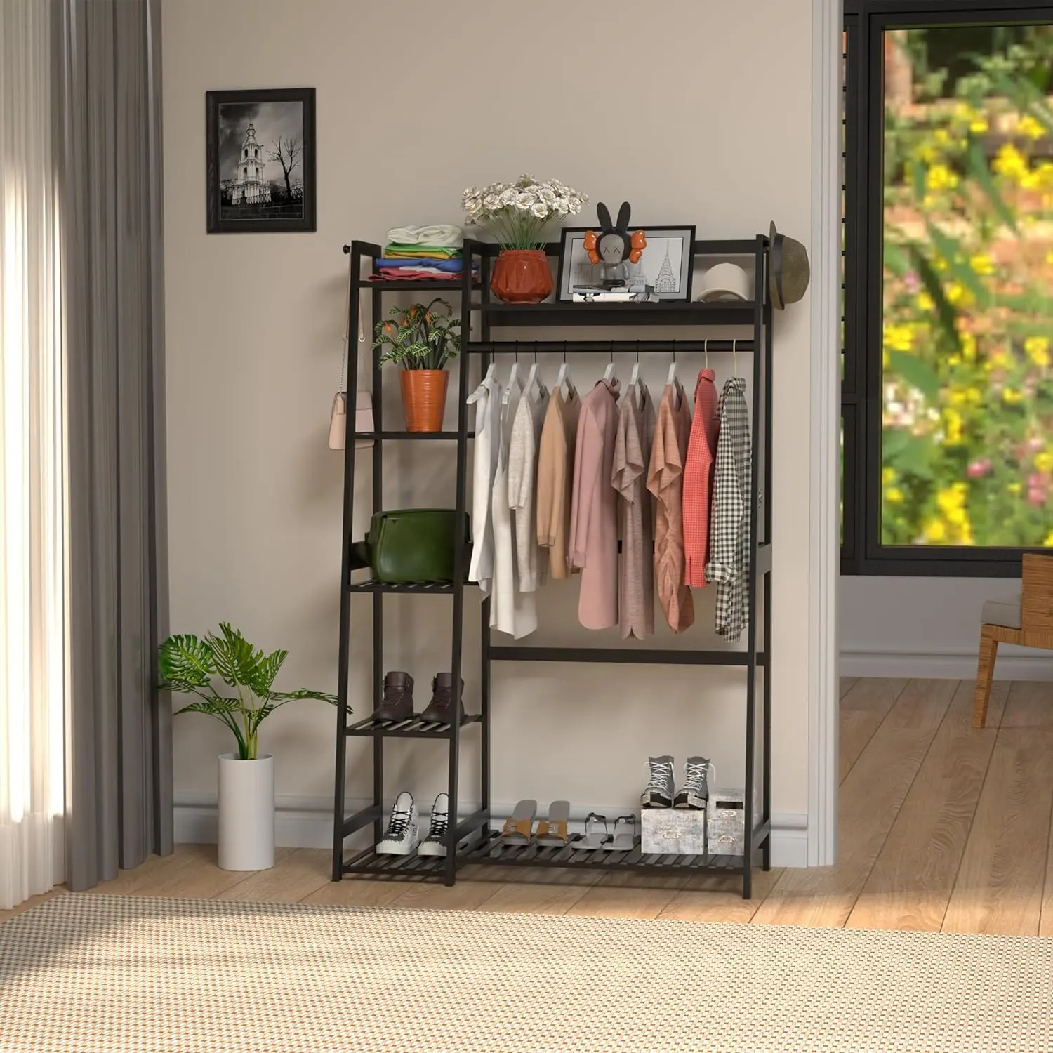 Clothing Rack with Shelves  Bamboo Clothes Rack for Hanging Clothes  Garment Rack for Living Room  Bedroom  Entryway  Bathroom