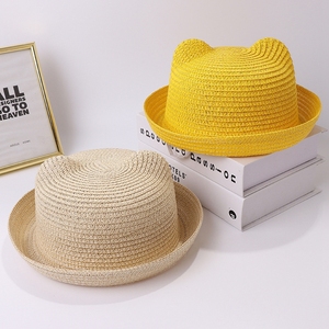 Cappello Estivo per Bambine all'Ingrosso, Nuovo Cappello di Paglia con Orecchie di Gatto, Tinta Unita, Tesa Larga, Visiera Parasole, Cappello da Viaggio - Product Image 1