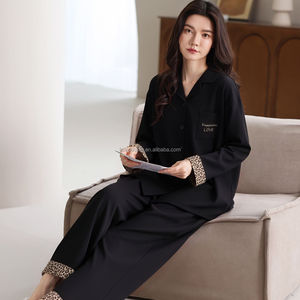 Nuovo <span class=keywords><strong>Pigiama</strong></span> con Stampa Leopardata sul Bordo, <span class=keywords><strong>Nero</strong></span>, Semplice e Comodo, in Puro <span class=keywords><strong>Cotone</strong></span>, Abbigliamento da Notte Casual per Donne - Product Image 3