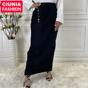 3049 # Muslim Rok Maxi Denim Kancing Depan Wanita Tinggi Pinggang Tinggi dengan Kantong Dress Pensil Jeans Pakaian Islami