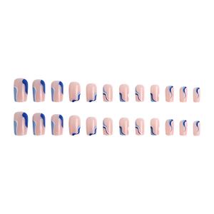24 Uñas Postizas Cuadradas Medianas con Diseño de Ondas Azules, Uñas Artificiales Reutilizables en <span class=keywords><strong>Rosa</strong></span> Nude con Pestañas Adhesivas - Product Image 2