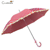 YS-1120 Parapluie droit automatique de haute qualité pour femme, 8 baleines, avec tissu à pois et volants, parapluie anti-pluie à ouverture automatique pour femme