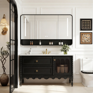 Meuble-lavabo de salle de bain 48-92 pouces avec lavabo simple/double, meuble-lavabo autoportant rétro français avec miroir intelligent anti-buée/miroir-étagère - Product Image 1