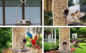 Mangeoire à oiseaux durable en forme de cube, résistante aux intempéries, suspendue à l'extérieur avec 4 ports d'alimentation en plastique et en fer - Product Image 4