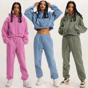 New Arrival Winter Autumn Cropped Breathable Lined Hoodie Sweatshirt Jogger Sets Women Long Sleeve Workout Crop Top Hoodie - Product Image 1